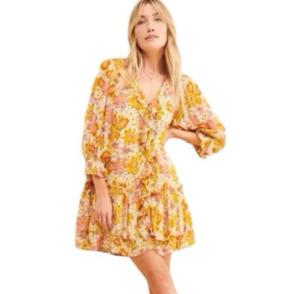 Cleobella Audrey Floral Long Sleeves Mini Dress Orange Pink Button Ruffles Small